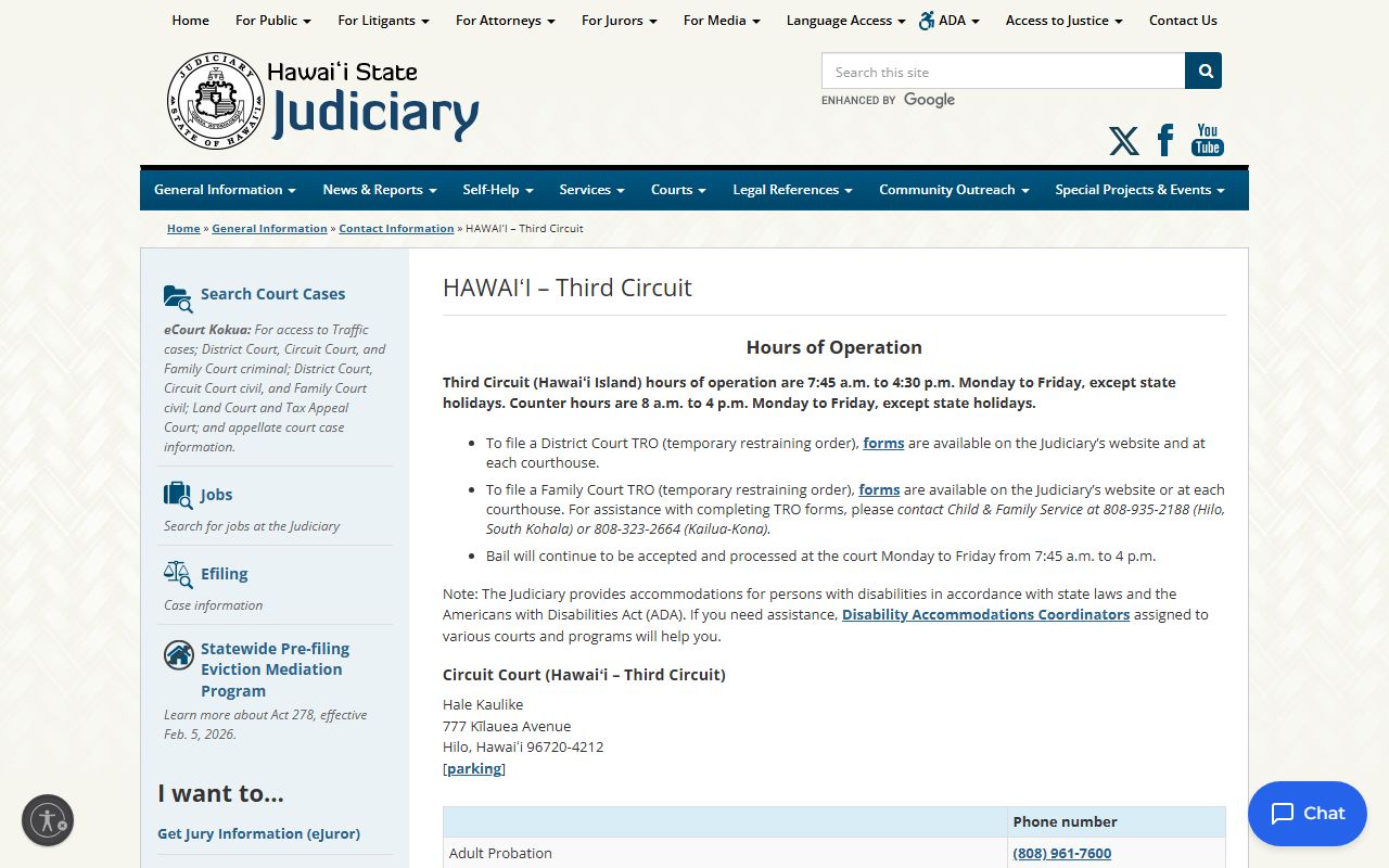 Hawaii County family court records - Third Circuit Court contact page