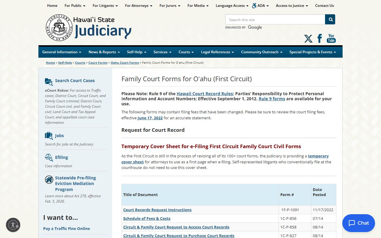 Honolulu County family court records - First Circuit family court forms page