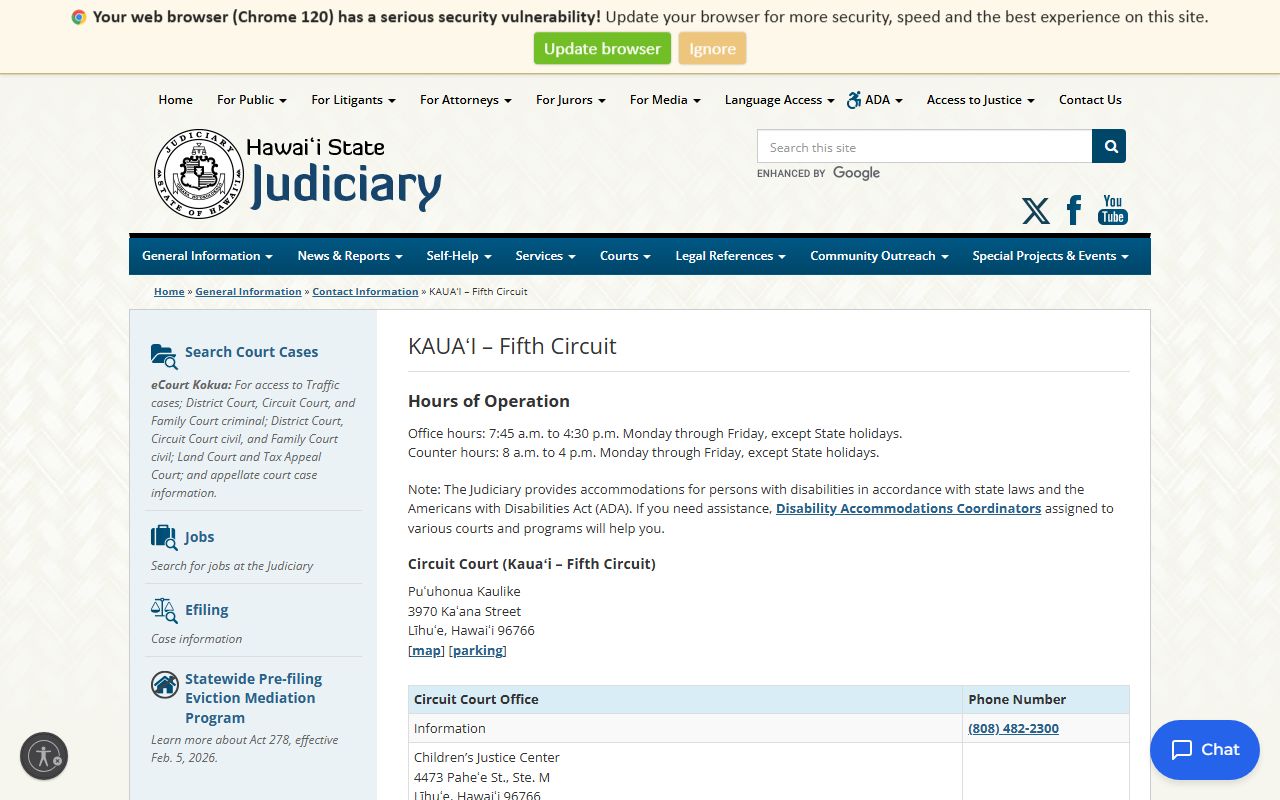 Kauai County family court records - Fifth Circuit Court contact page