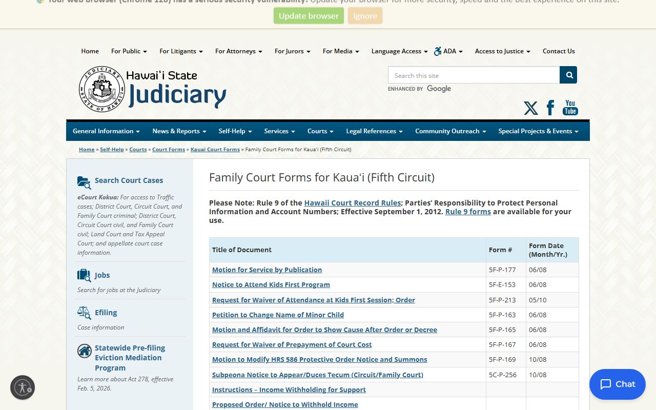 Kauai County family court records - Fifth Circuit family court forms page