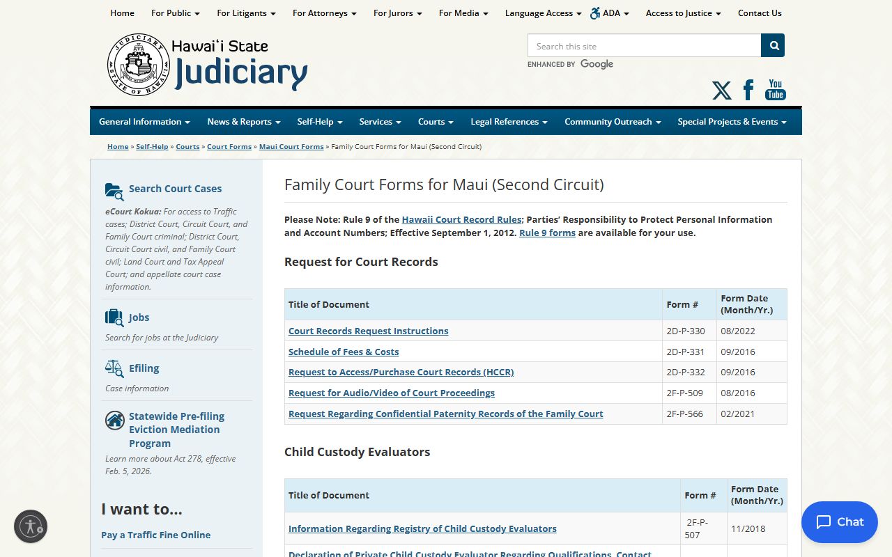 Maui County family court records - Second Circuit family court forms page