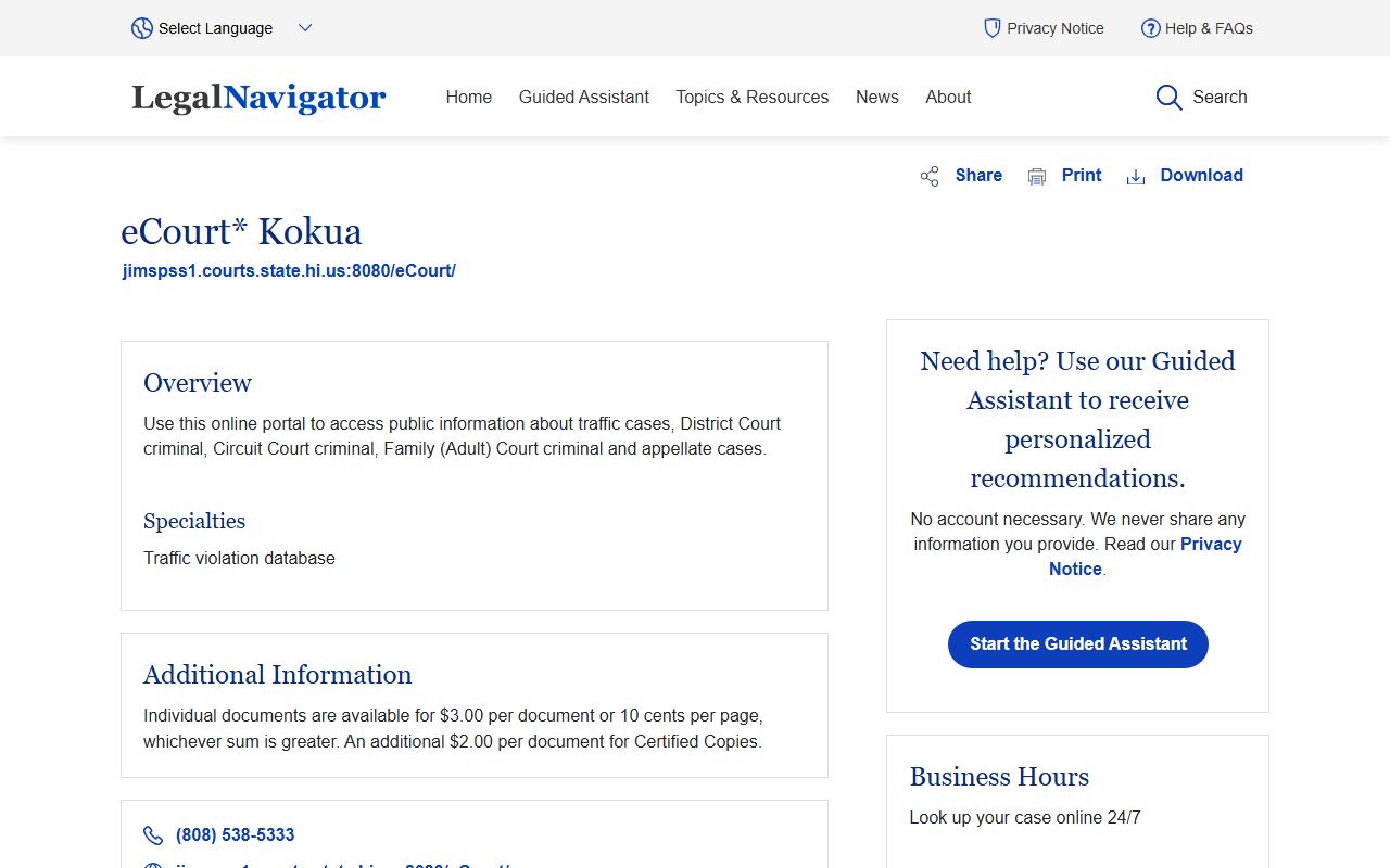 Legal Navigator Hawaii eCourt Kokua resource for family court